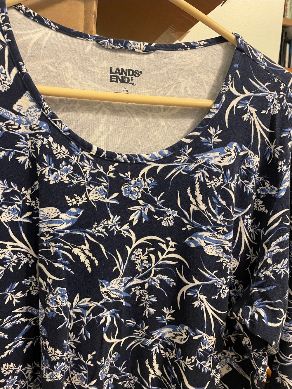 Lands' End Navy Floral Scoop Neck Top with Light Blue Accents Dress